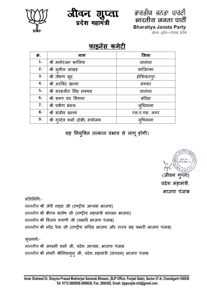 Punjab BJP Core Committee and Finance Committee