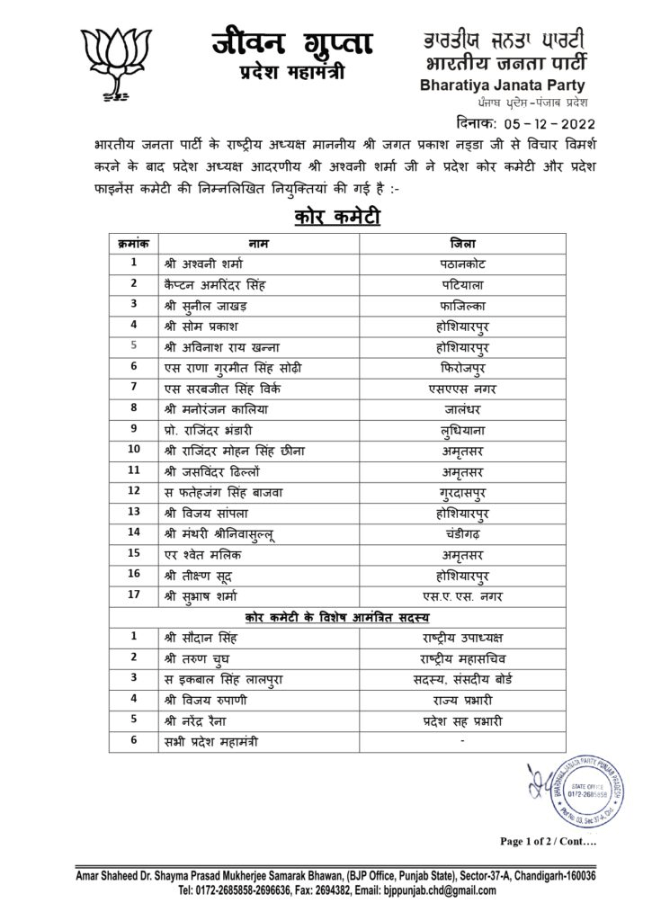 Punjab BJP Core Committee and Finance Committee