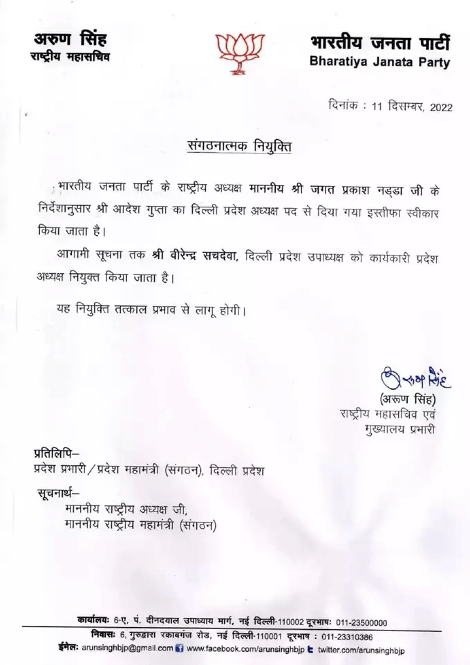 Delhi BJP Chief Adesh Gupta Resign