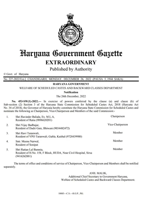 SC Commission Formed in Haryana