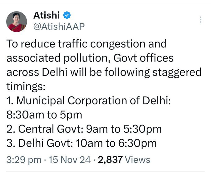 Delhi Govt Offices Timing Staggered For Reduce Traffic Pollution