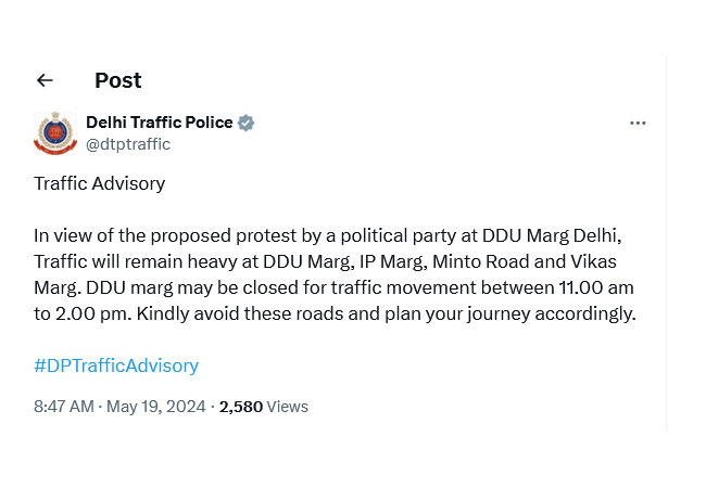 Delhi Police Traffic Advisory Due To Kejriwal Going BJP Headquarter