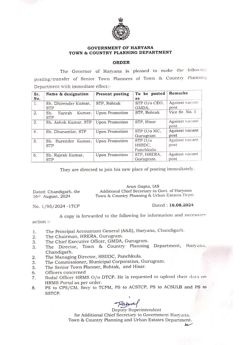 Transfers of Senior Town Planners