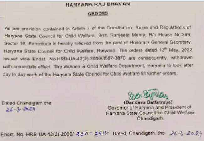 Haryana BJP Ranjita Mehta Relieved From Post HSCCW General Secretary