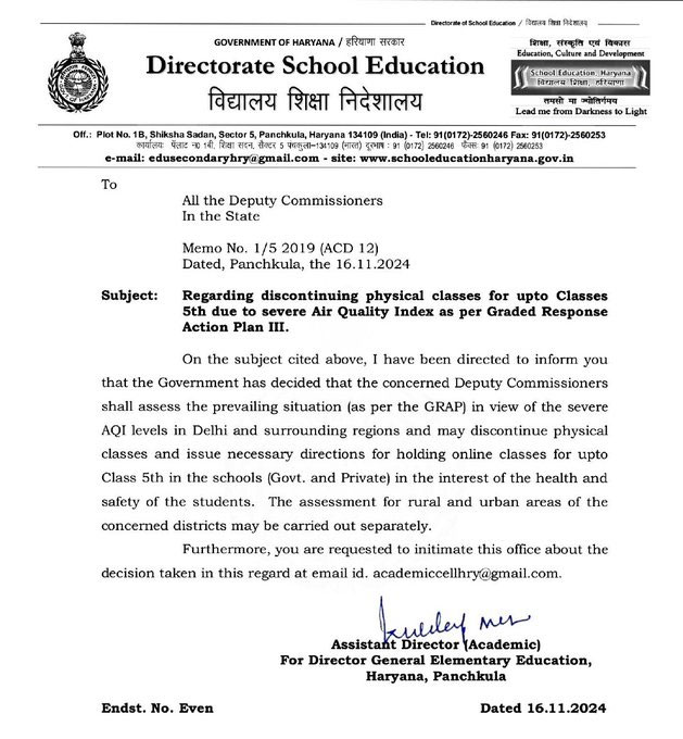 Haryana Pollution All Primary Schools Closed Letter To All DCs