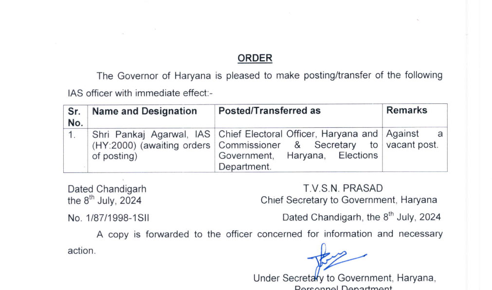 IAS Pankaj Agarwal Appoints As Haryana Chief Electoral Officer