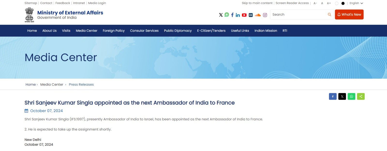 IFS Sanjeev Singla Appointed as Next Ambassador Of India To France