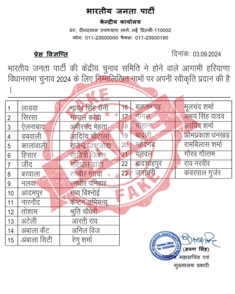 Haryana BJP Candidates Fake List Viral Vidhan Sabha Chunav 2024