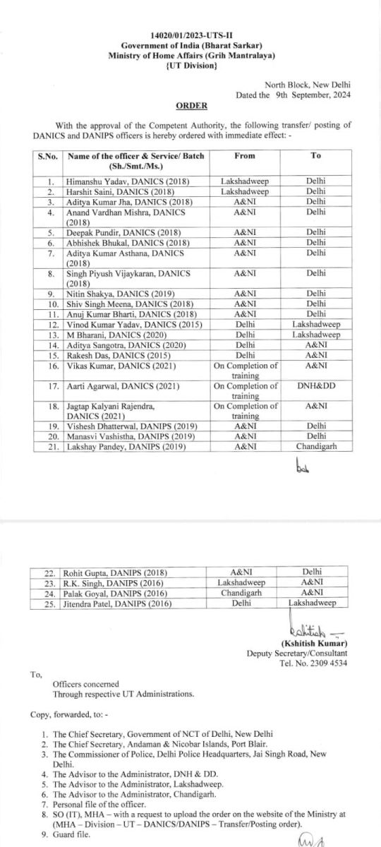 Central Government Transfers Many DANICS-DANIPS Cadre Officers List