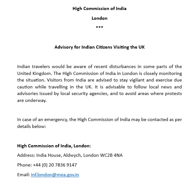 Indian High Commission in London Advisory For Indian Citizens For UK