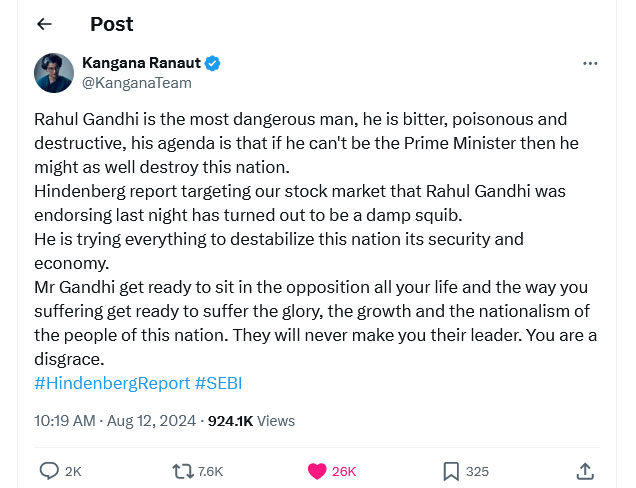 Kangana Ranaut Says Rahul Gandhi Most Dangerous Man Hindenburg Report