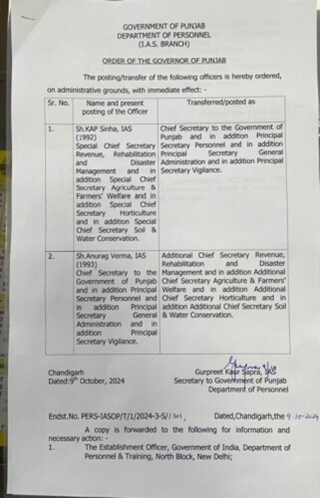 Punjab New Chief Secretary KAP Sinha Appointment Anurag Verma Removed