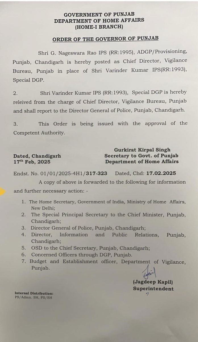 Punjab Vigilance Chief Varinder Kumar Removed Nageswara Rao Posting Order