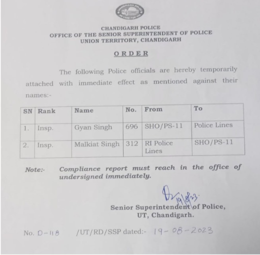 Chandigarh Police Reshuffle SHO Line Hazir