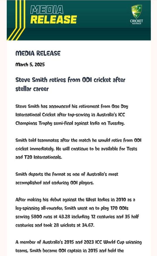 Steve Smith ODI Retirement