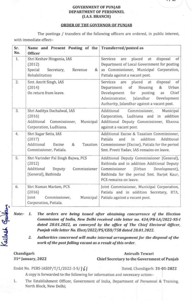 Punjab IAS|PCS Posting Transfer