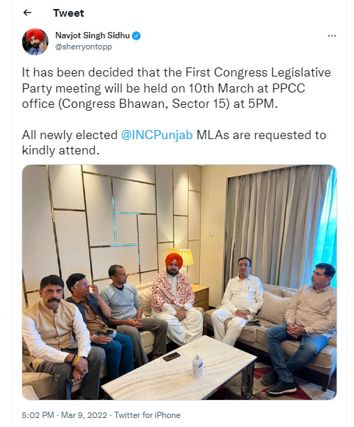 Sidhu calls meeting of Congress Legislature Party