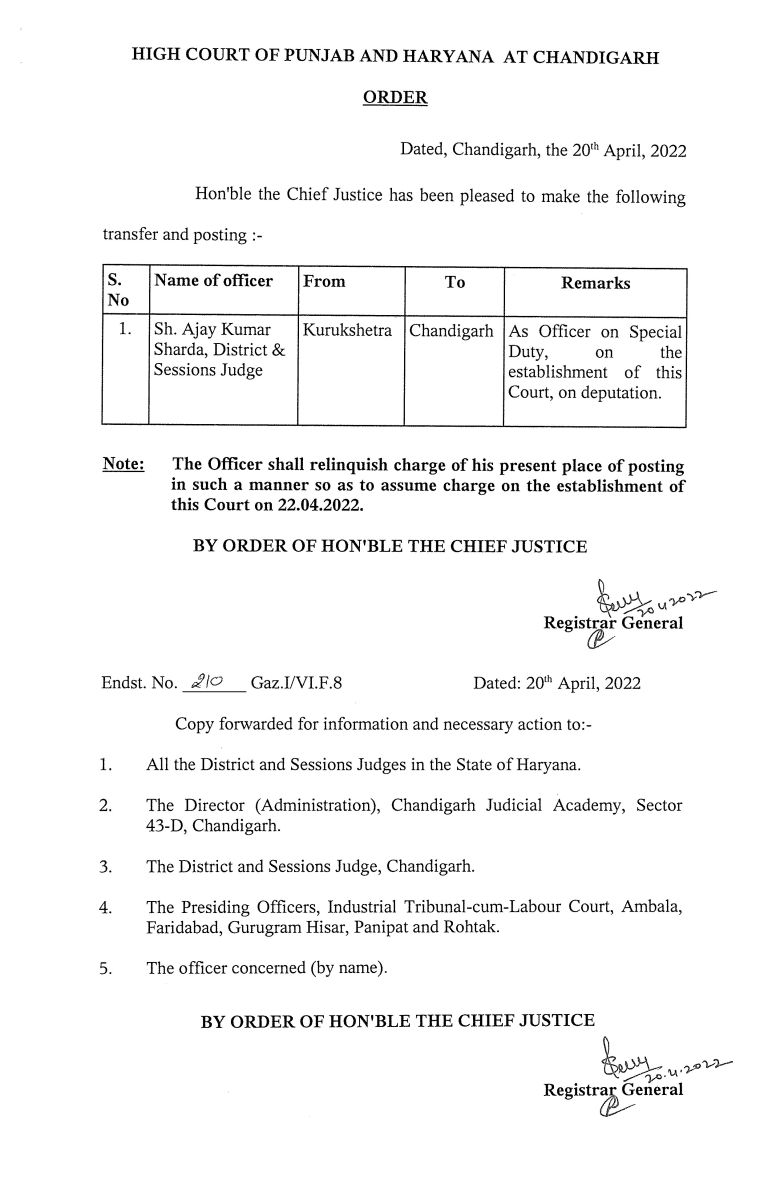 Haryana Chandigarh Judges Transfers