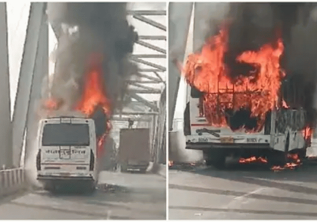 Massive fire engulfs bus on Mahatma Gandhi Setu passengers escape narrowly