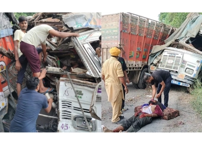 Heavy collision between trucks coming face to face on National Highway Chandigarh-Manali, both truck drivers were seriously injured.