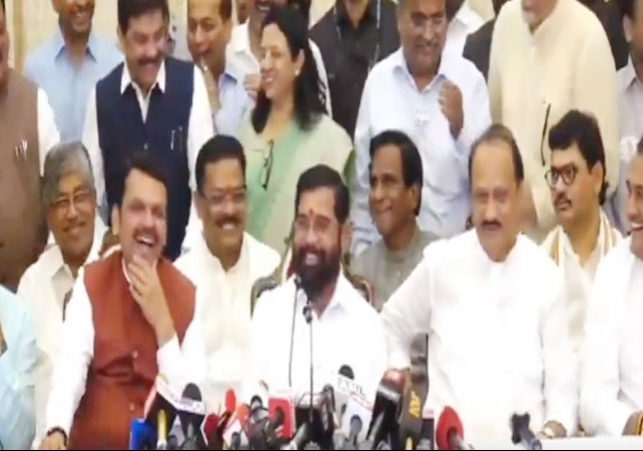 Maharashtra Mahayuti Press Conference Devendra Fadnavis Eknath Shinde Ajit Pawar