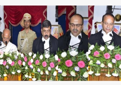 Justice Ranjan Sharma, Justice Bipin Chandra Negi and Justice Rakesh Kainthala take oath.