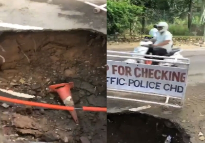 Road Caved near Kaimbwala in Chandigarh